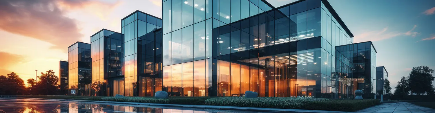 Commercial glass facade at dusk